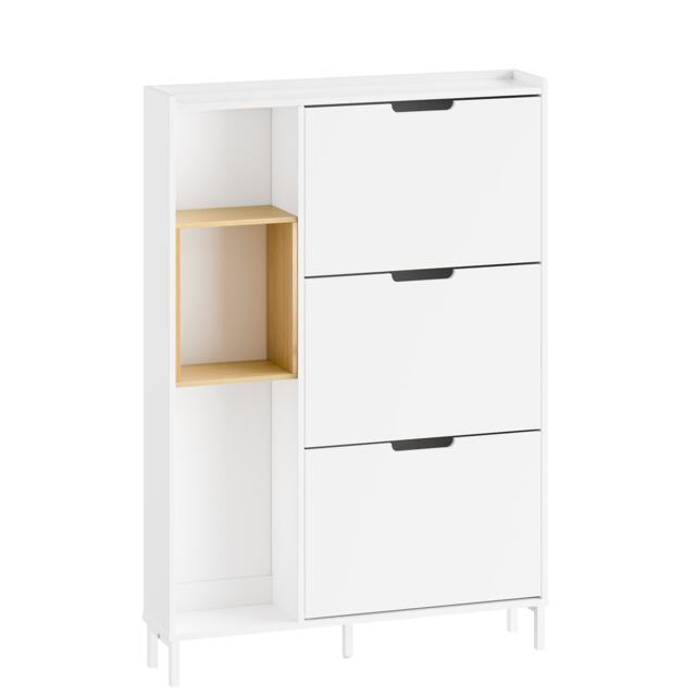 SoBuy Narrow Shoe Cabinet with 3 Flip Doors & Open Shelf, White/Natural Bamboo, 35.4x7.4x50.9 in, 24.15 kg - FSR209-WN