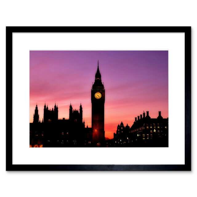 "Big Ben Clock London England Sunset Sky Cityscape 9x7"" Black Framed Wall Art Print"