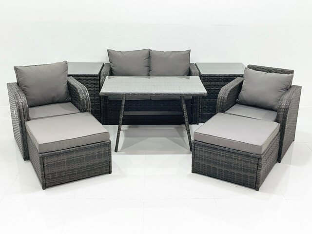 Fimous Outdoor Garden Furniture Set Rattan Sofa Dining Table Set with Reclining Chair 2 Big Footstool 2 Side Tables Dark Grey Mixed