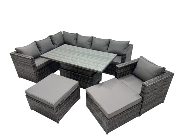 Fimous 9-seater Height Adjustable Rising Lifting Table Corner Sofa Set Rattan Garden Furniture Dining Set with 2 Big Stool Dark Grey Mixed