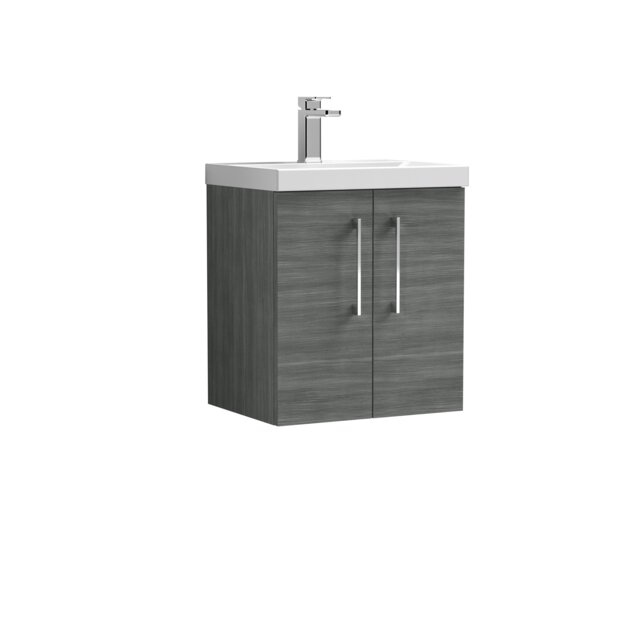Balterley Contemporary Bathroom Wall Hung 2 Soft-Close Door Vanity Unit & Mid-Edge Ceramic Basin Grey Anthracite Woodgrain