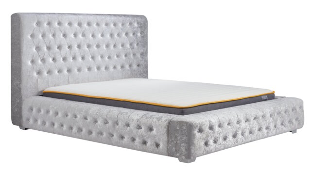 4ft6 Double Silver Grey,Large, Chunky, Grande, Diamante, Crushed Velvet Fabric Upholstered Bed Frame Bedstead Silver Double