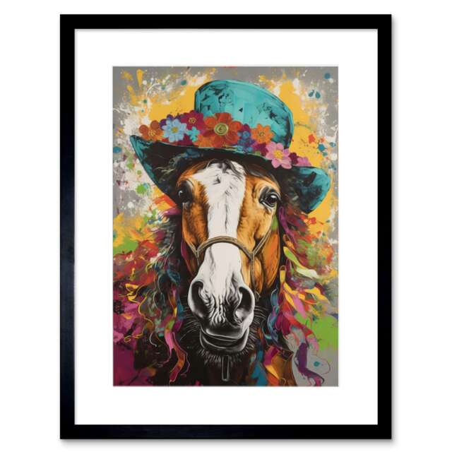 "Horse Wearing a Flower Summer Hat 9x7"" Black Framed Wall Art Print"