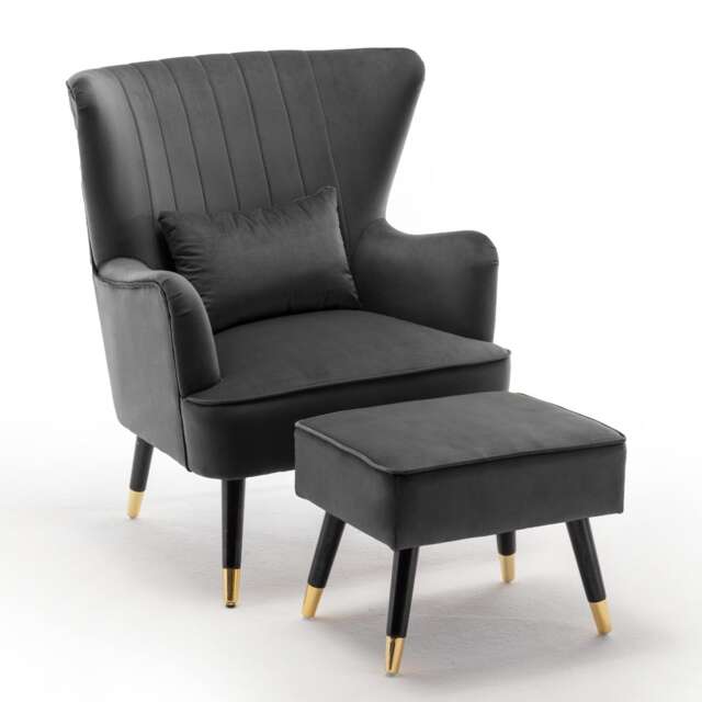 Velvet Dark Grey Camila Accent Wingback Chair with Footstool