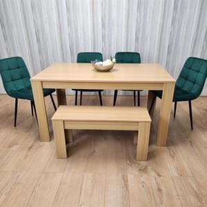 KOSY KOALA 6 Seater Modern Light Wood Dining Table Set with 4 Green Velvet Chairs and Bench H75 x L140 x W80 cm