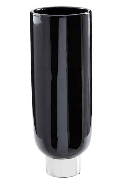 Interiors by Premier Black and Silver Small Pedestal Vase, Glossy Stoneware Vase With Metallic Silver Base, Decorative Vase Black