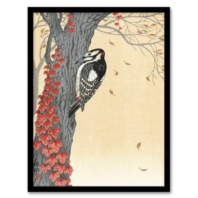 "Spotted Woodpecker Tree Red Ivy Vintage Framed Wall Art Print Koson 12x16"""