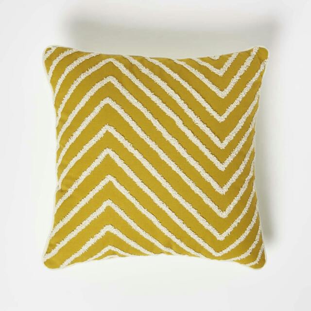 Homescapes Chevron Mustard Yellow Tufted Cotton Cushion - 45 x 45 cm Multi Mustard Yellow, White 1