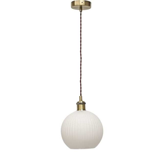 Betchley - White Ribbed Glass Globe Antique Brass Retro Pendant