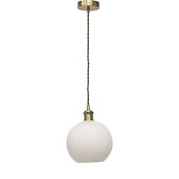 Betchley - White Ribbed Glass Globe Antique Brass Retro Pendant