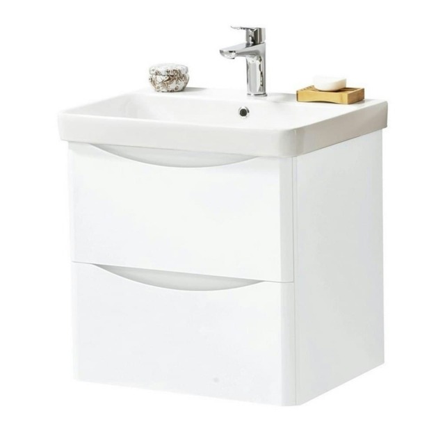 Bathroom Wall Mounted 2-Drawer Vanity Unit with Basin 600mm Wide - Gloss White - (Arch) - Brassware Not Included White White 1