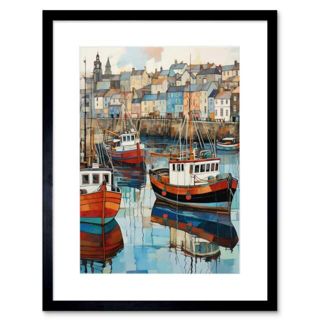 "Newlyn Harbour Trawler Boats Promenade Watercolour 9x7"" Black Framed Wall Art Print"