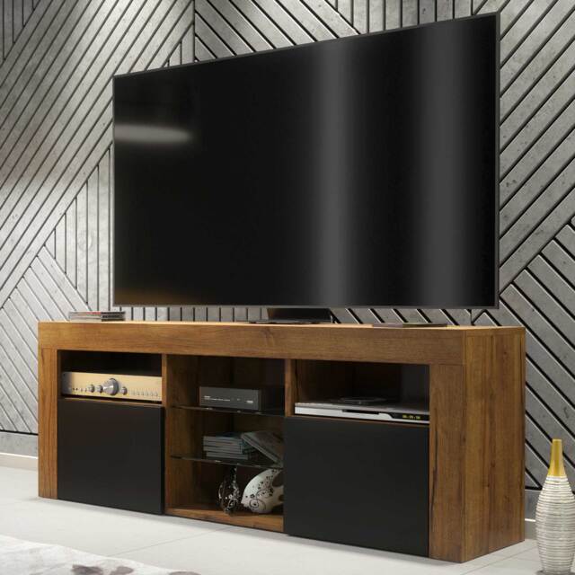 TV Unit TV Stand Cabinet Sideboard Media Cabinet Storage Oak Black Matt Doors Living Room Furniture 145cm