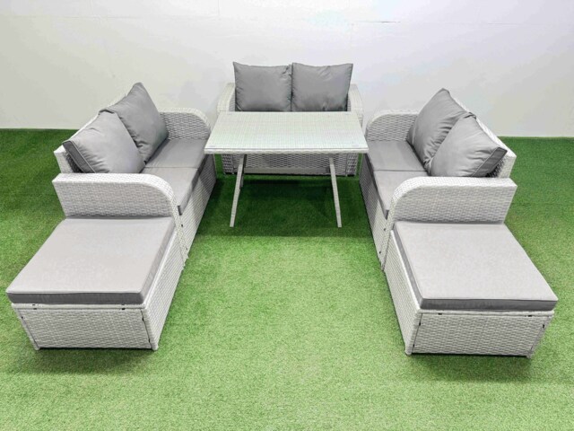 Fimous Rattan Garden Furniture Dining Set 8-seater Patio Rectangular Table Love Sofa Set with 2 Big Stools
