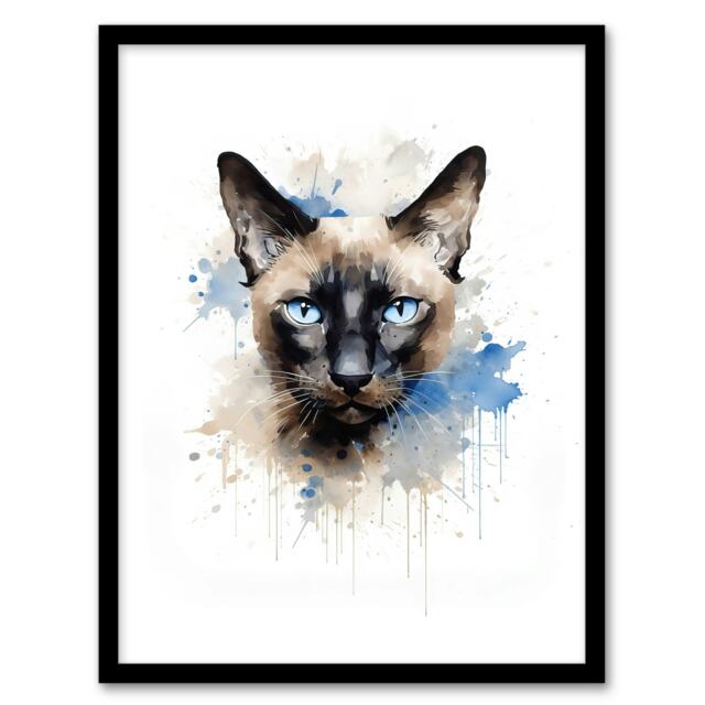 Cat Siamese Watercolour Pet Portrait Home Decor Black Framed Wall Art Print A4