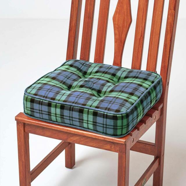 "Homescapes Black Watch Tartan Cotton Dining Chair Booster Cushion Green Green 40cm x 40cm x 10cm (16"" x 16"" x 4"")"