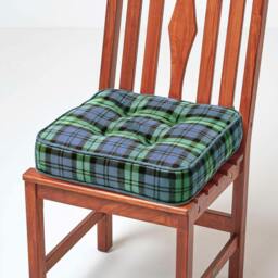 "Homescapes Black Watch Tartan Cotton Dining Chair Booster Cushion Green Green 40cm x 40cm x 10cm (16"" x 16"" x 4"")"