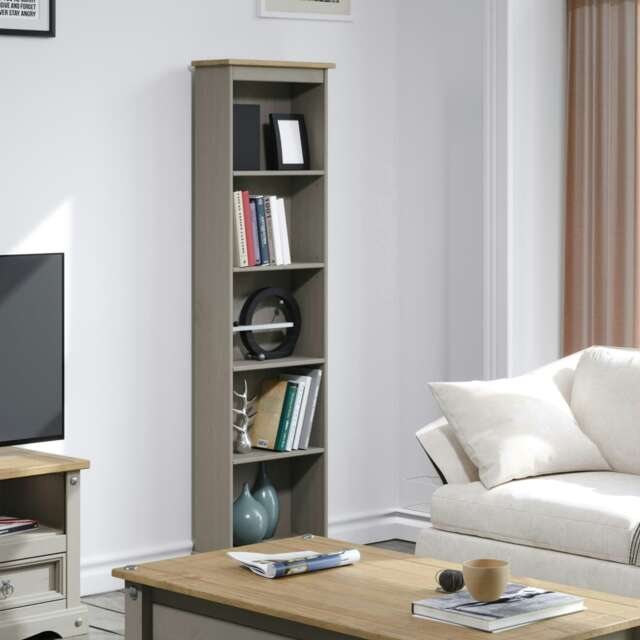 Corona 5-Shelf Tall Narrow Bookcase - Premium Wax Top with Solid Pine Construction and Practical Shelving Grey Grey Wax One Size 1