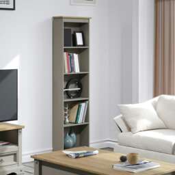 Corona 5-Shelf Tall Narrow Bookcase - Premium Wax Top with Solid Pine Construction and Practical Shelving Grey Grey Wax One Size 1