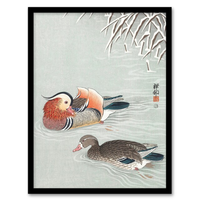 "Two Mandarin Ducks in Snow Vintage Japan Framed Wall Art Print Koson 12x16"""