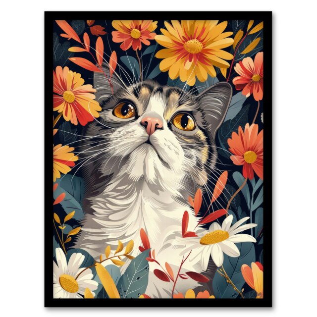 Cat Wildflowers Animal Lover Floral Living Room Black Framed Wall Art Print A4