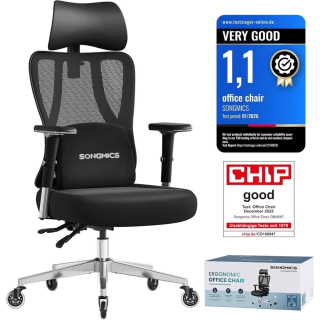 Ergonomic Gaming Office Chair with Reclining Backrest, Adjustable Lumbar Support, Headrest and Armrests, Ink Black