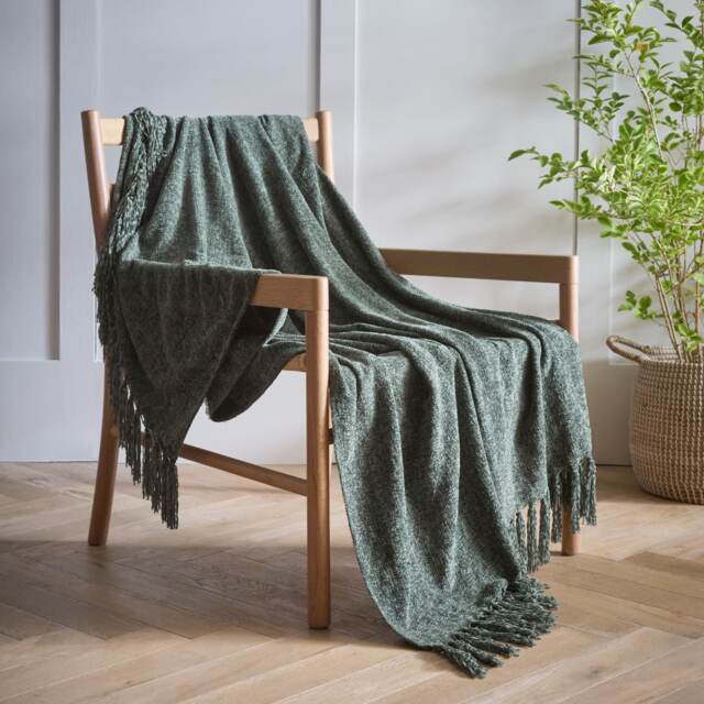 Malmo Sage Green Textured Tassels Chenille Throwover Bed Throw Blanket 127 x 152 cm Green