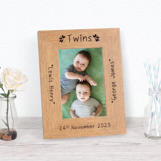 Personalised Twins Wood Picture Frame 7 x 5 New Baby Gift