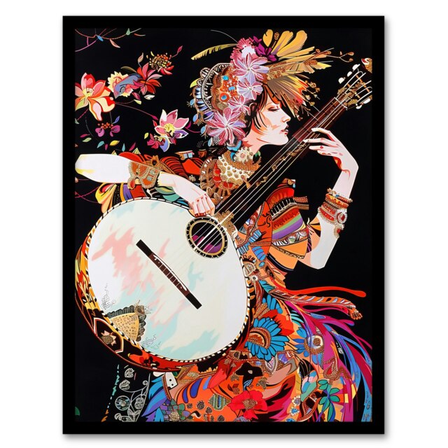 Woman Floral Guitar Banjo Player Colourful Portrait Black Framed Wall Art Print A4