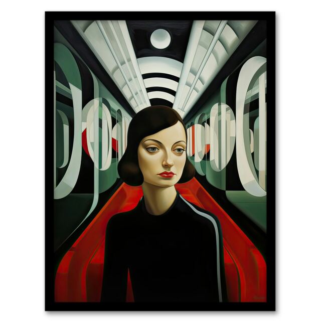 Futuristic Train Ride Oil Red Green Modern Black Framed Wall Art Print A4