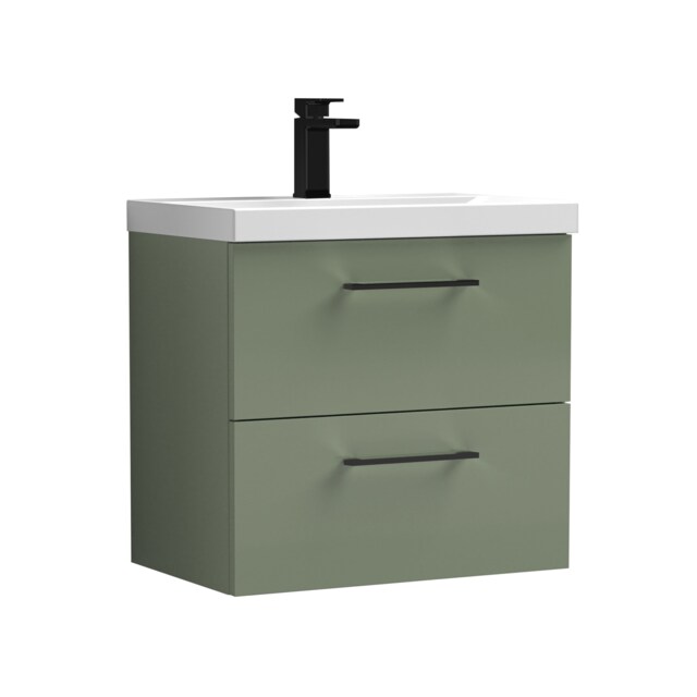 Balterley Wall Hung Bathroom 2 Drawer Vanity Unit and 1 Tap Hole Ceramic Basin, with Handles Green Satin Green