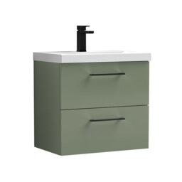 Balterley Wall Hung Bathroom 2 Drawer Vanity Unit and 1 Tap Hole Ceramic Basin, with Handles Green Satin Green