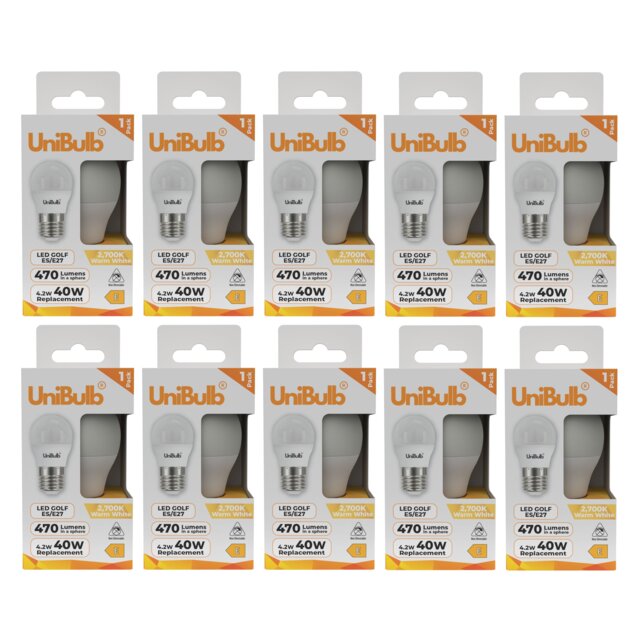 UniBulb LED Golf Ball E27 Edison Screw (ES) 470lm 4.2W (Replaces 40W) 2700K (Warm White) Light Bulb - Pack of 10