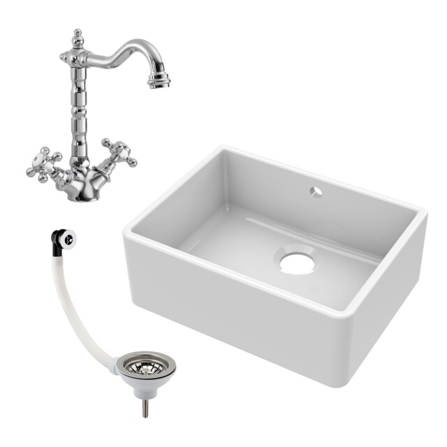 Fireclay 595mm Single Bowl Butler Kitchen Sink with Overflow, Classic Tap & Waste in White Ceramic by Balterley