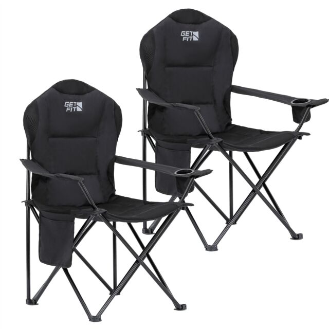 Get Fit Premium Folding Camping Chair - Thick Padded With Magazine Pocket, Cup Holder & Carry Bag - Lightweight 3Kg - Capacity 130Kg - 2 Pack Black 2