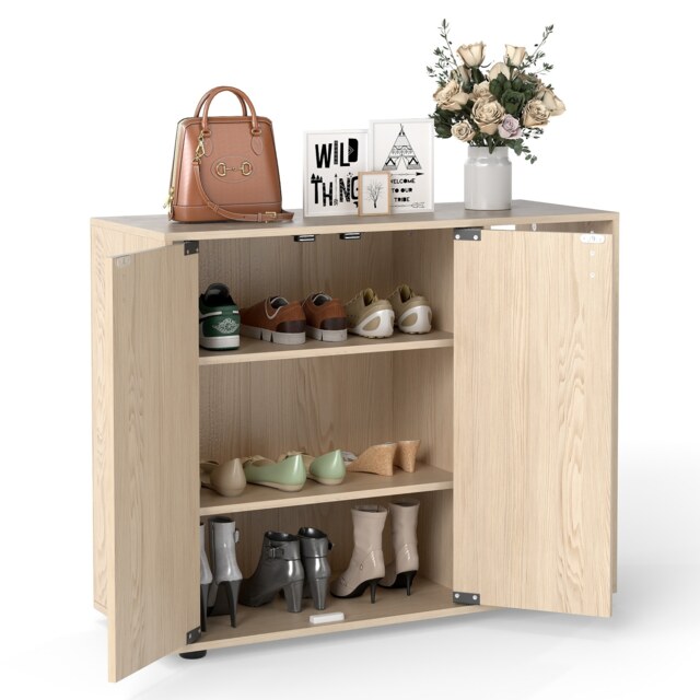 COSTWAY 3-Tier Shoe Storage Rack Shoe Cabinet with Doors-Natural