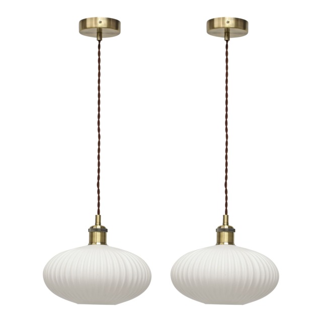 Set of 2 Baton - White Ribbed Oval Glass Antique Brass Retro Pendants