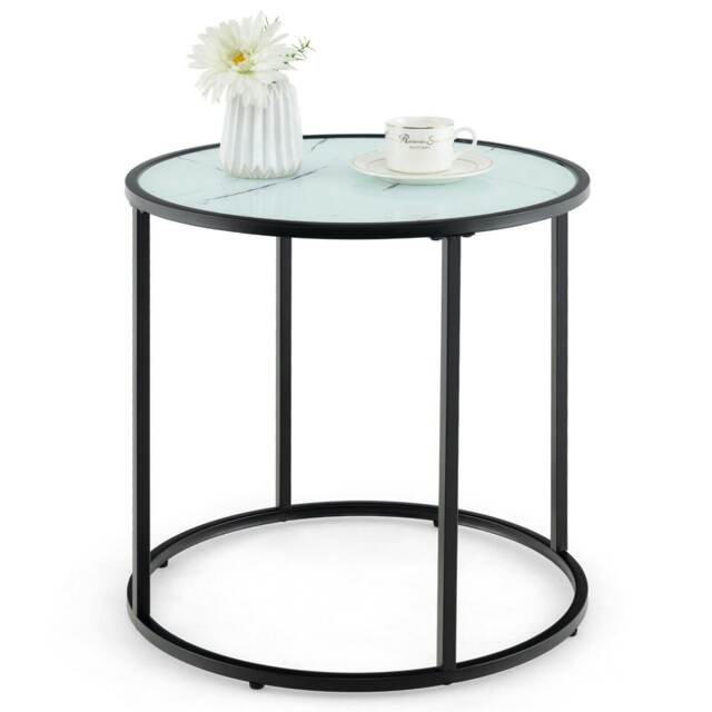 COSTWAY Glass End Table 50cm Round Side Table White