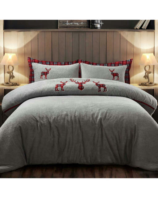 Velosso Standing Stag Teddy Fluffy and Warm Fleece Duvet Cover Set Silver Silver Single