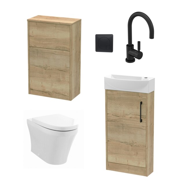 Cloakroom Suite - Left Hand 440mm Vanity, WC Unit, Toilet and Tap - Oak/Black Brown