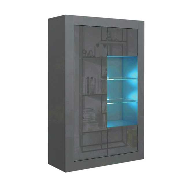 Display Cabinet 93cm Grey Gloss Doors Dark Matt Body Free LED Grey