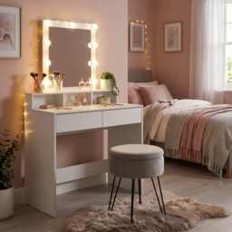 Harbour Housewares Wooden Dressing Table Set with LED Lights & Grey Stool - White White White/Grey