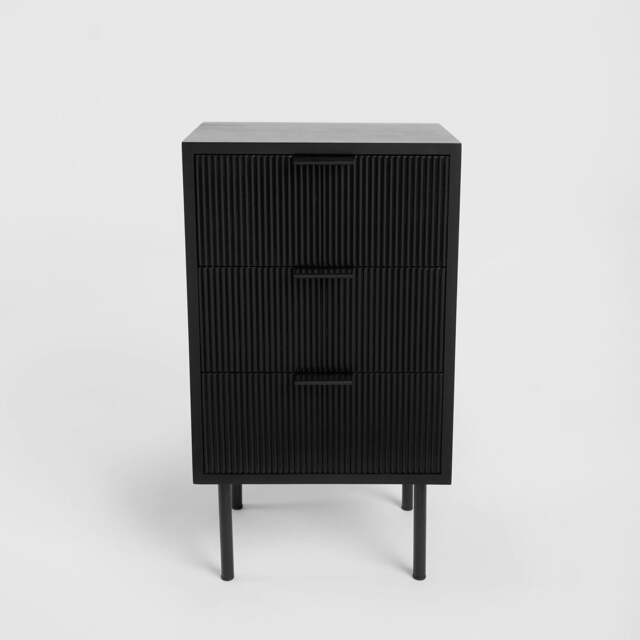OHS 3 Drawer Modern Ribbed Office Side Bedroom Nightstand Bedside Table - Black