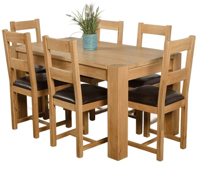 Kuba 150 x 85 cm Chunky Medium Oak Dining Table and 6 Lincoln Chairs Brown Brown