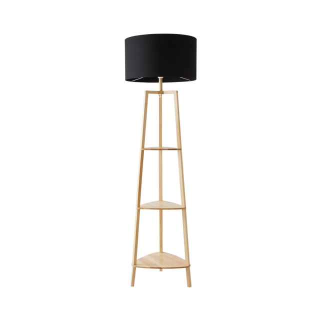 ValueLights Hiru Wooden 3 Tier Shelf Floor Lamp Black Shade Black