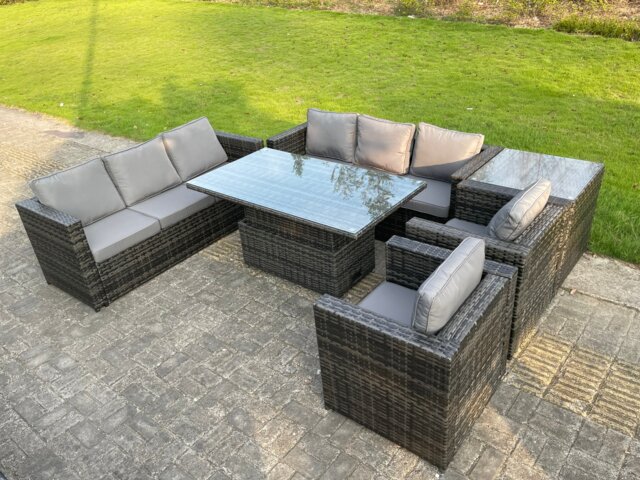 Fimous 8 Seater Outdoor Rattan Garden Furniture Adjustable Rising Lifting Table Chairs Dark Grey Mixed