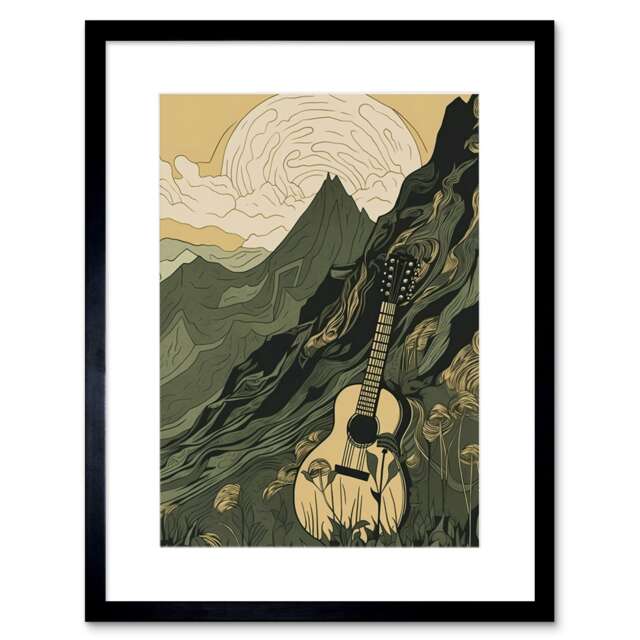 "Guitar Mountain Landscape Morning at Campsite 9x7"" Black Framed Wall Art Print"