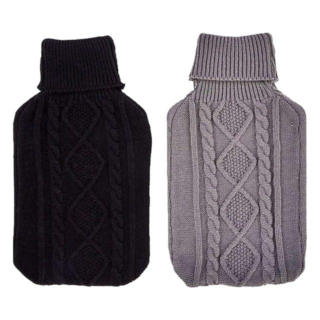 K Collection Cable Knit 2L Hot Water Bottle And Cover Black Black/Charcoal One Size 1