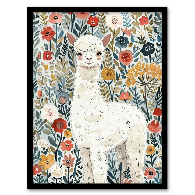 Happy Alpaca in Wildflower Field Watercolour Black Framed Wall Art Print A4