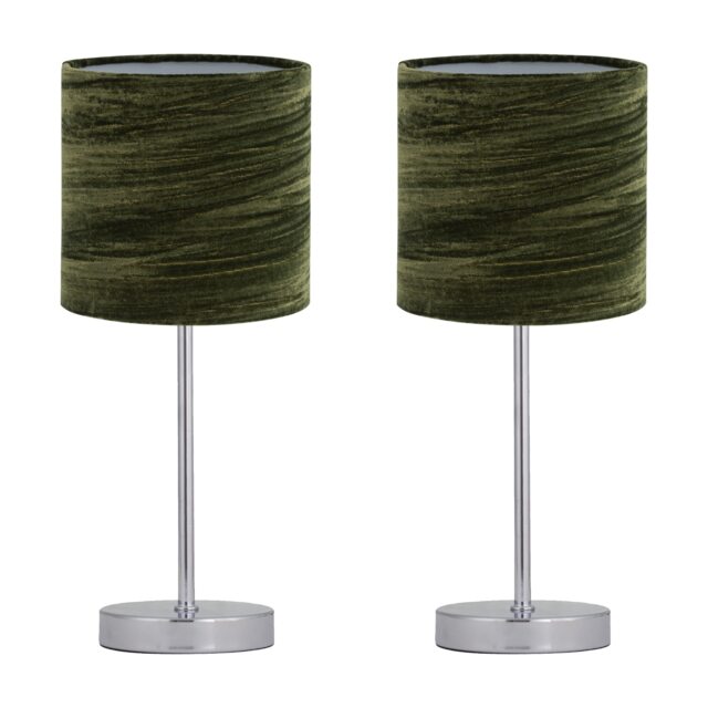 Set of 2 Chrome Touch Table Lamp with Green Crushed Velvet Shades Chrome Polished chrome plate and dark green velvet 2